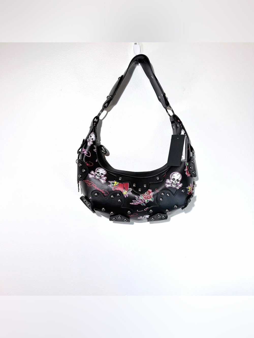 Ed Hardy Black Shoulder Bag with Pink & White Skull Rose Prints NWT